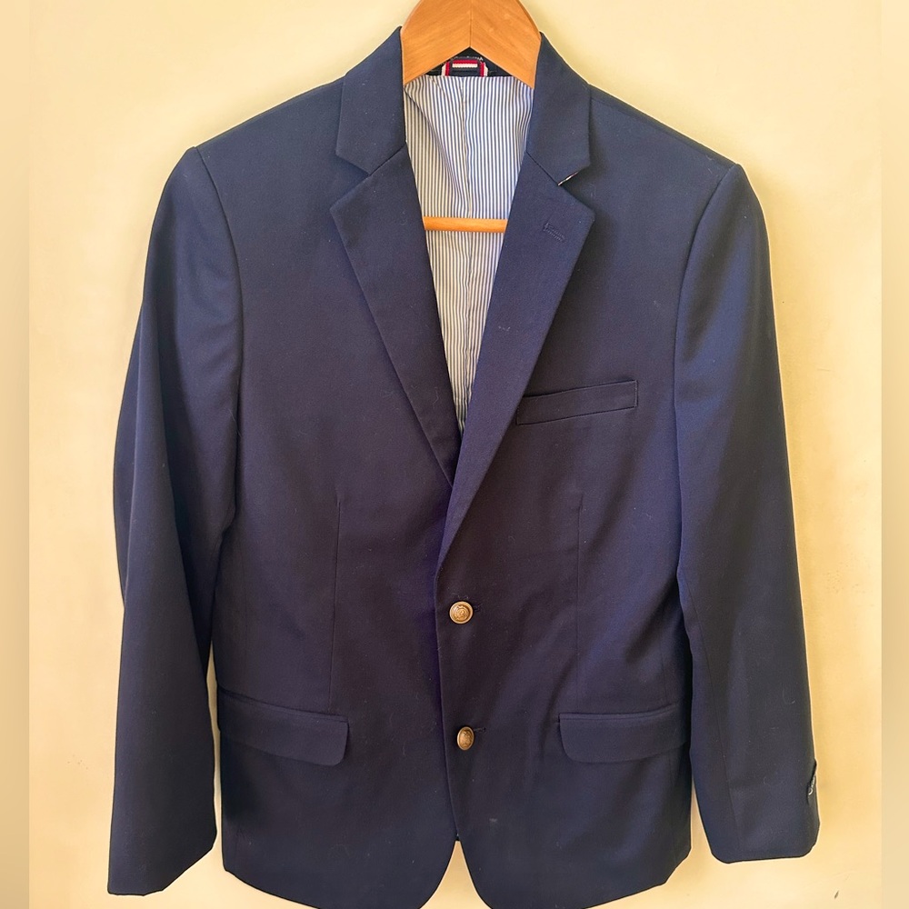 Tommy Hilfiger boys 16R sport coat Navy Blue w pinstripe lining, 4 pockets